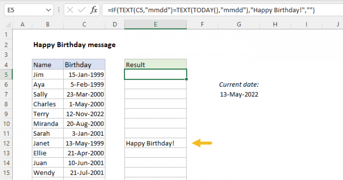 Happy birthday message Excel formula Exceljet